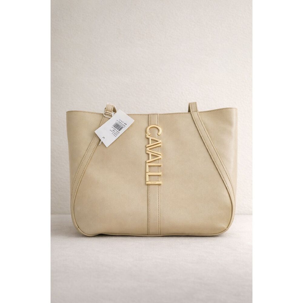 Cavalli Class Sandra Shopper Bag Almond Buff Beige Gold Logo Tote CCS25614-ALBF
